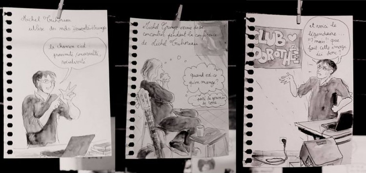 Michel Trihoreau et Michel Grange durant leur conférence (dessins de Lily Luca)